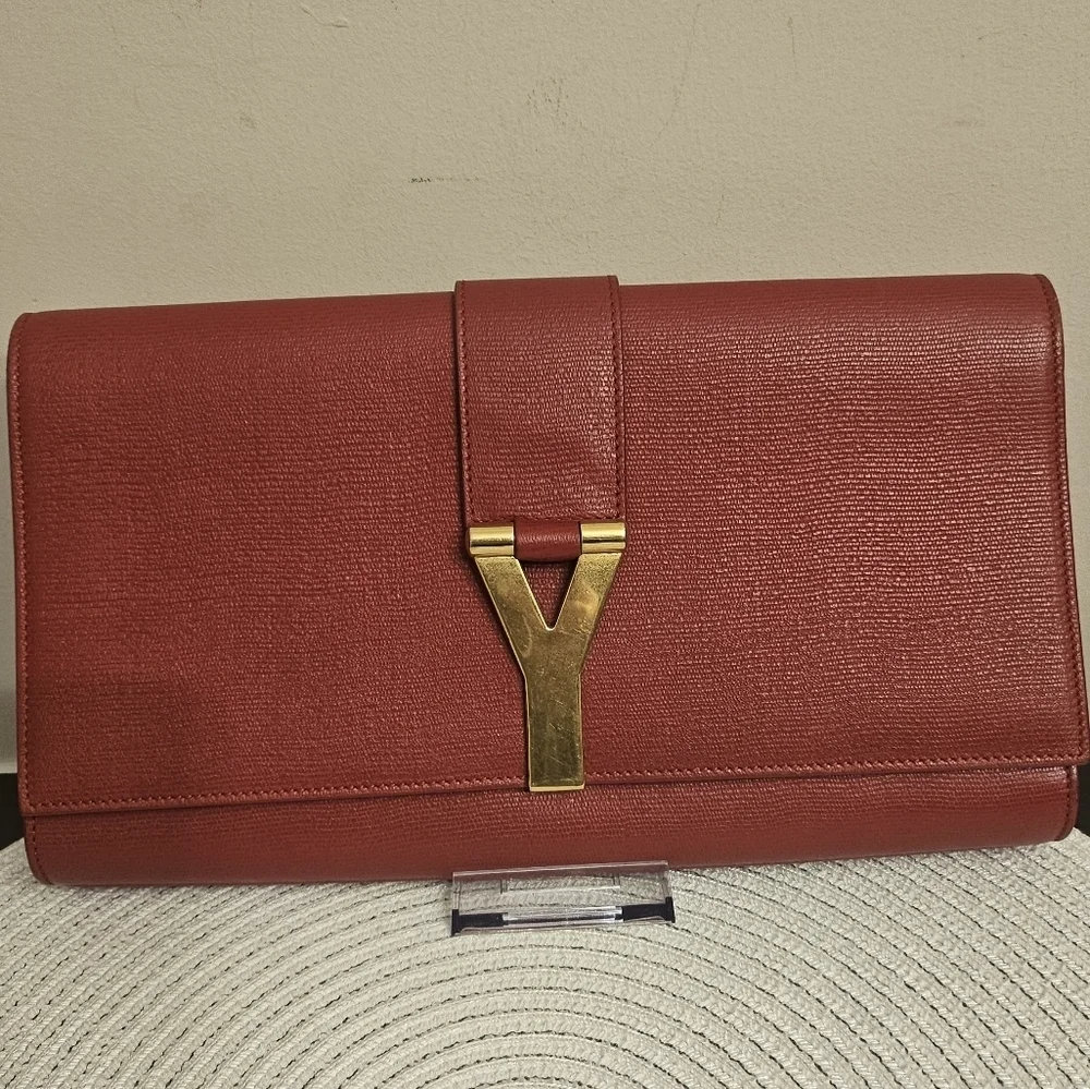 Saint Laurent Y Clutch in Red Pebbled Calfskin Leather with Gold Hardware - Picture 13 of 15